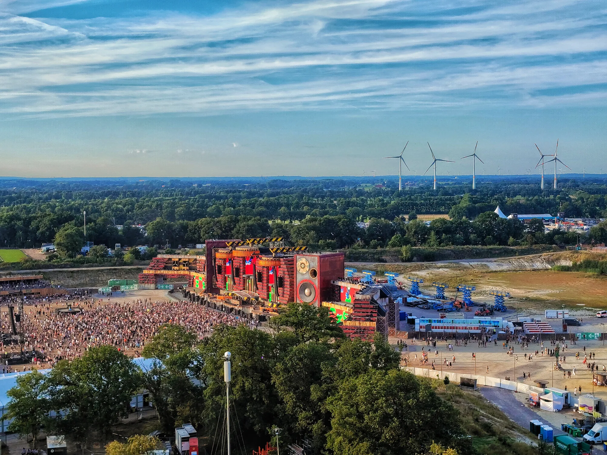 Aerial view of the main stage at Parookaville Festival 2022 in Weeze, Germany